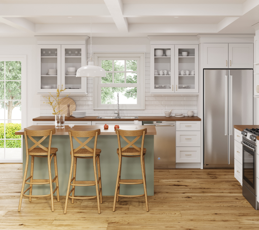 Modern kitchen design featuring white shaker cabinets, a large green island with a wood countertop, stainless steel appliances, and pendant lights.