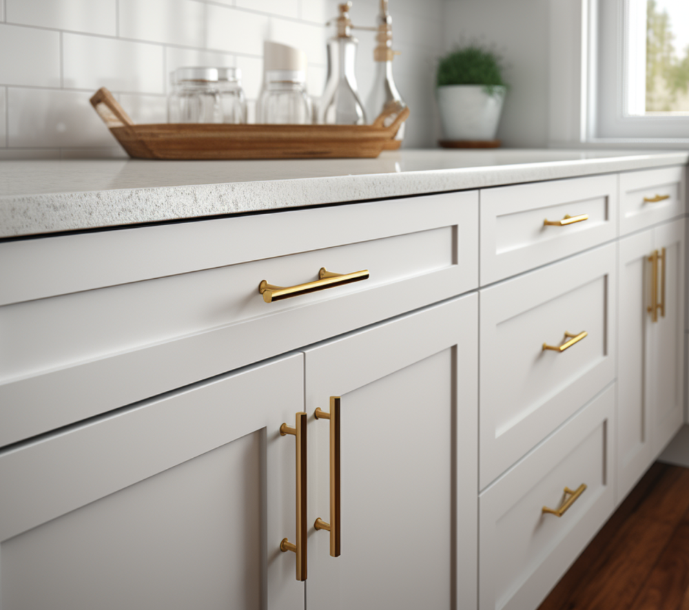 Gold bar pull hardware on white shaker style kitchen cabinets with a white quartz countertop.