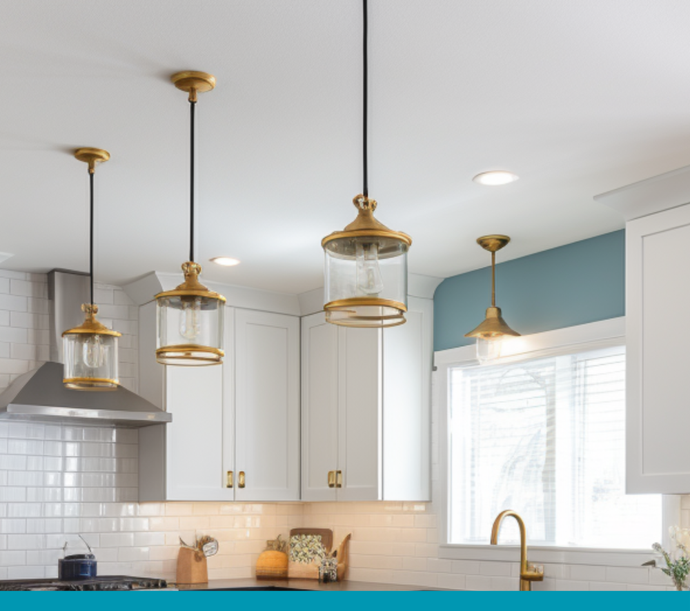 Modern kitchen design featuring white kitchen cabinets, a large green island with a wood countertop and wooden stools, stainless steel appliances, and pendant lights.