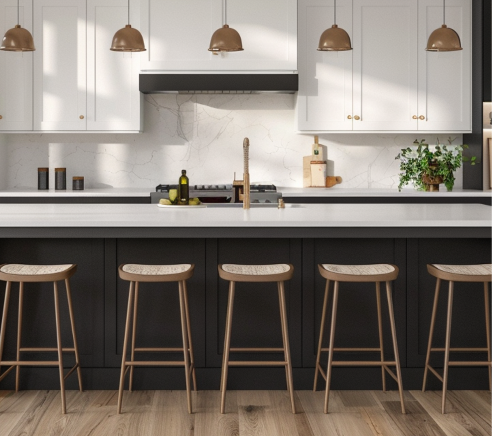 Modern kitchen design featuring dark lower cabinets, white upper cabinets, a white quartz countertop, a farmhouse sink, and brass hardware.