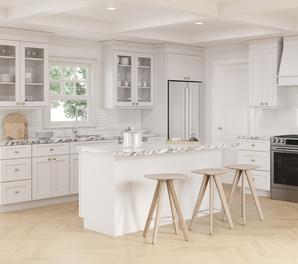 Modern White Kitchen with Open Wood Shelves, Butcher Block Countertops, Stainless Steel Sink, and Chrome Faucet