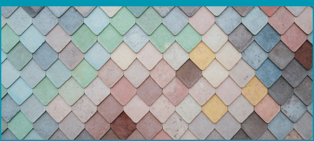 Colorful glass tile backsplash with various pastel shades in a diamond pattern