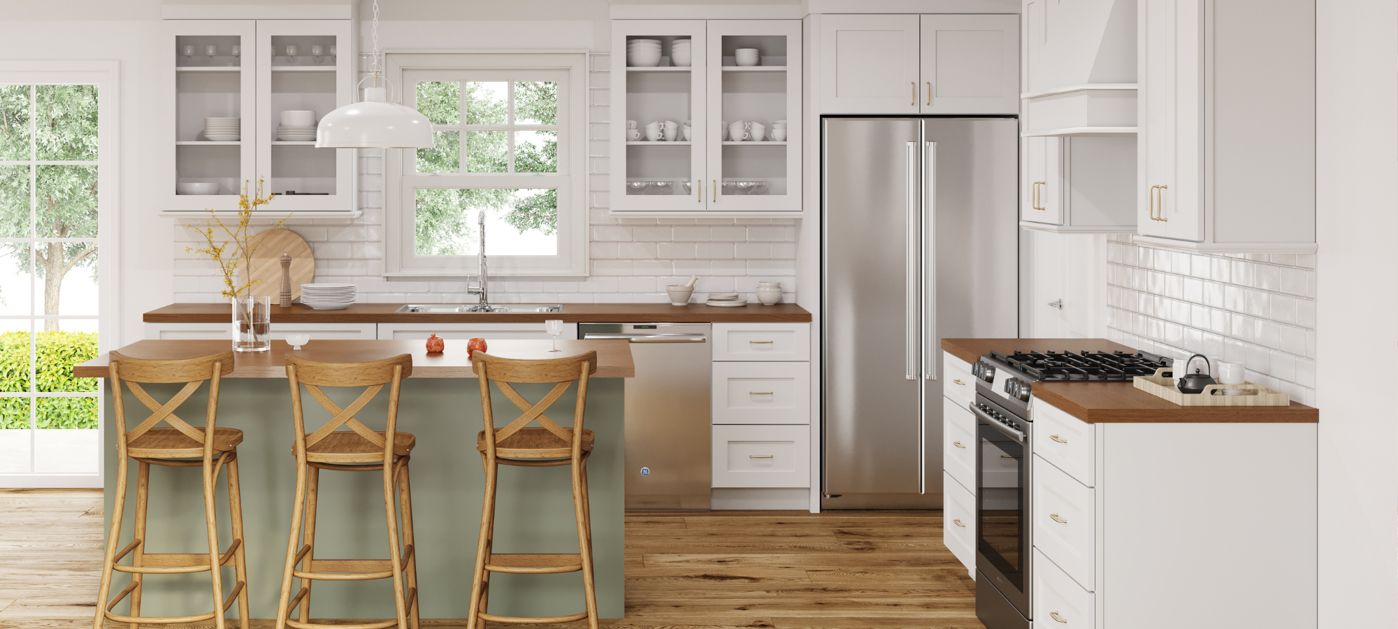 Modern kitchen design featuring white shaker cabinets, a large green island with a wood countertop, stainless steel appliances, and pendant lights.