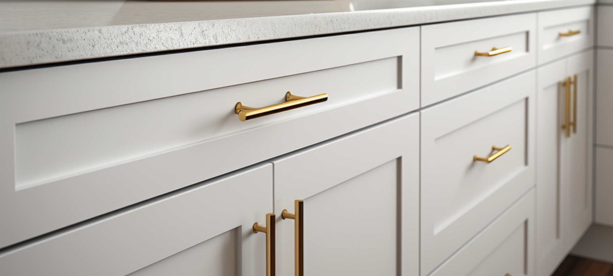 Gold bar pull hardware on white shaker style kitchen cabinets with a white quartz countertop.