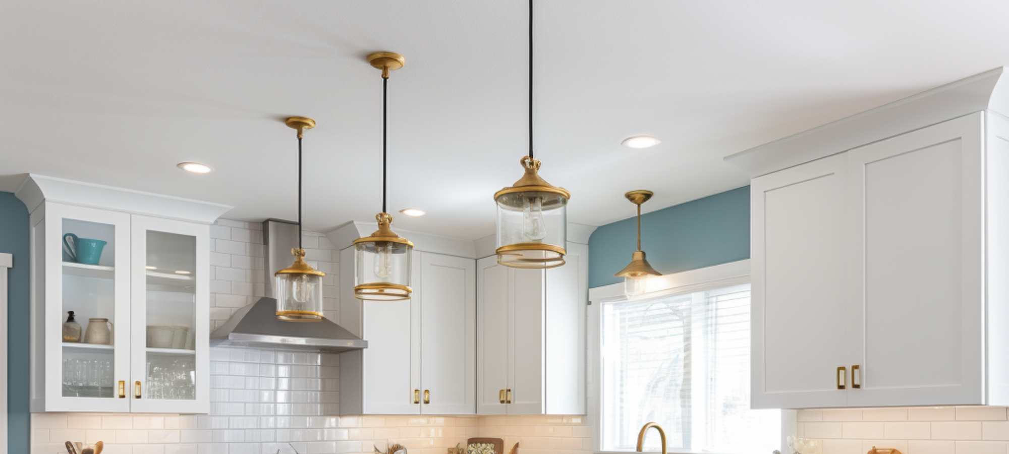 Modern kitchen design featuring white kitchen cabinets, a large green island with a wood countertop and wooden stools, stainless steel appliances, and pendant lights.