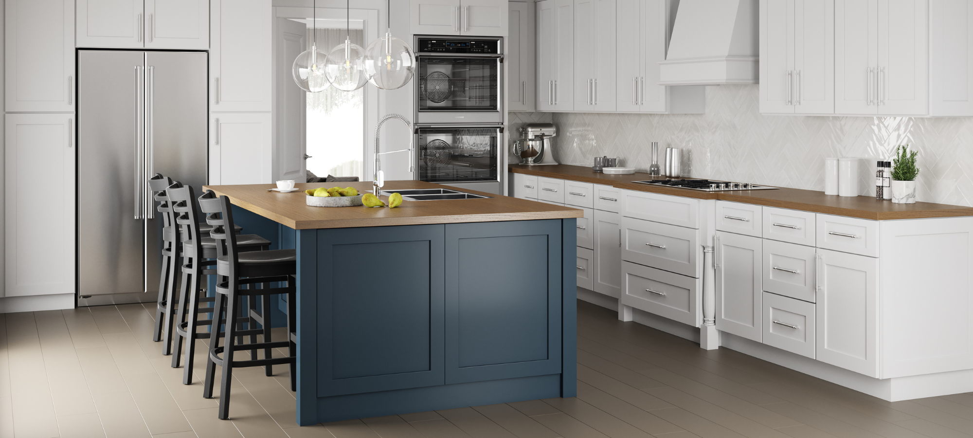 Modern kitchen design featuring white shaker cabinets, a large navy blue island with a wood countertop, stainless steel appliances, and pendant lights.