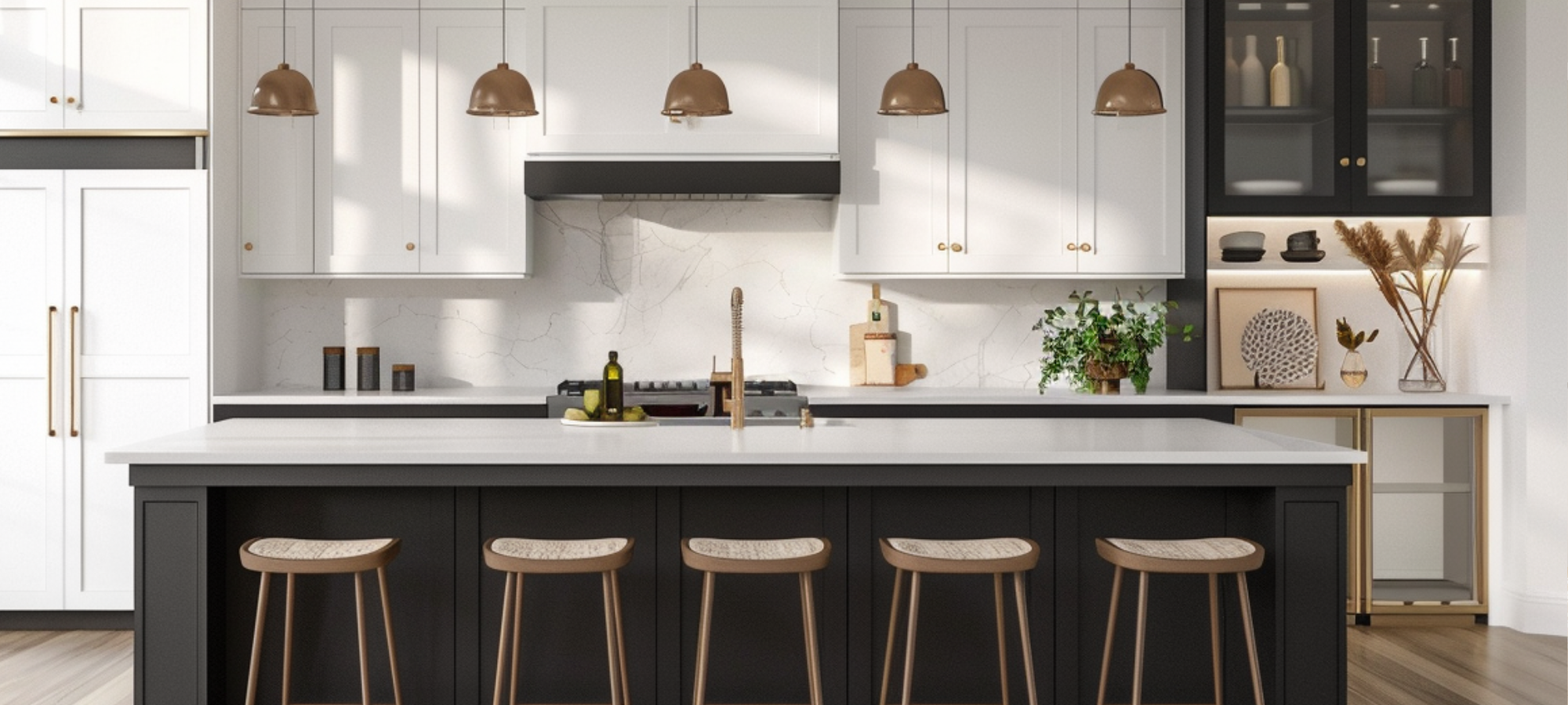 Modern kitchen design featuring dark lower cabinets, white upper cabinets, a white quartz countertop, a farmhouse sink, and brass hardware.