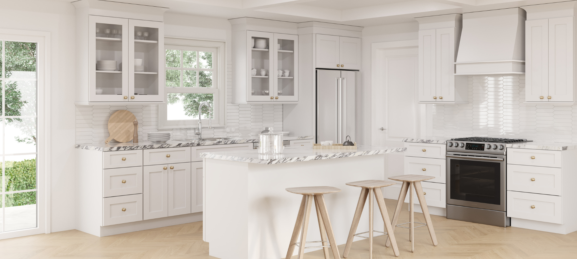 Modern White Kitchen with Open Wood Shelves, Butcher Block Countertops, Stainless Steel Sink, and Chrome Faucet